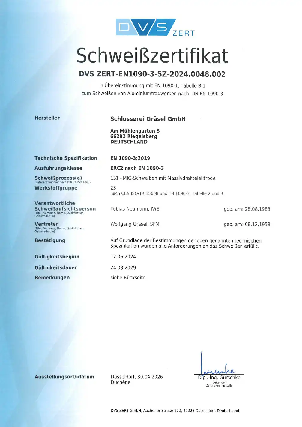 Schweißzertifikat Aluminiumtragwerke